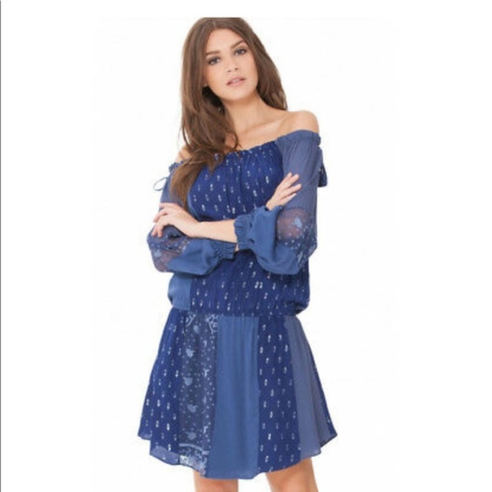 Hale Bob Navy Silk Saige blouson Patchwork Long sleeve dress Size Small
